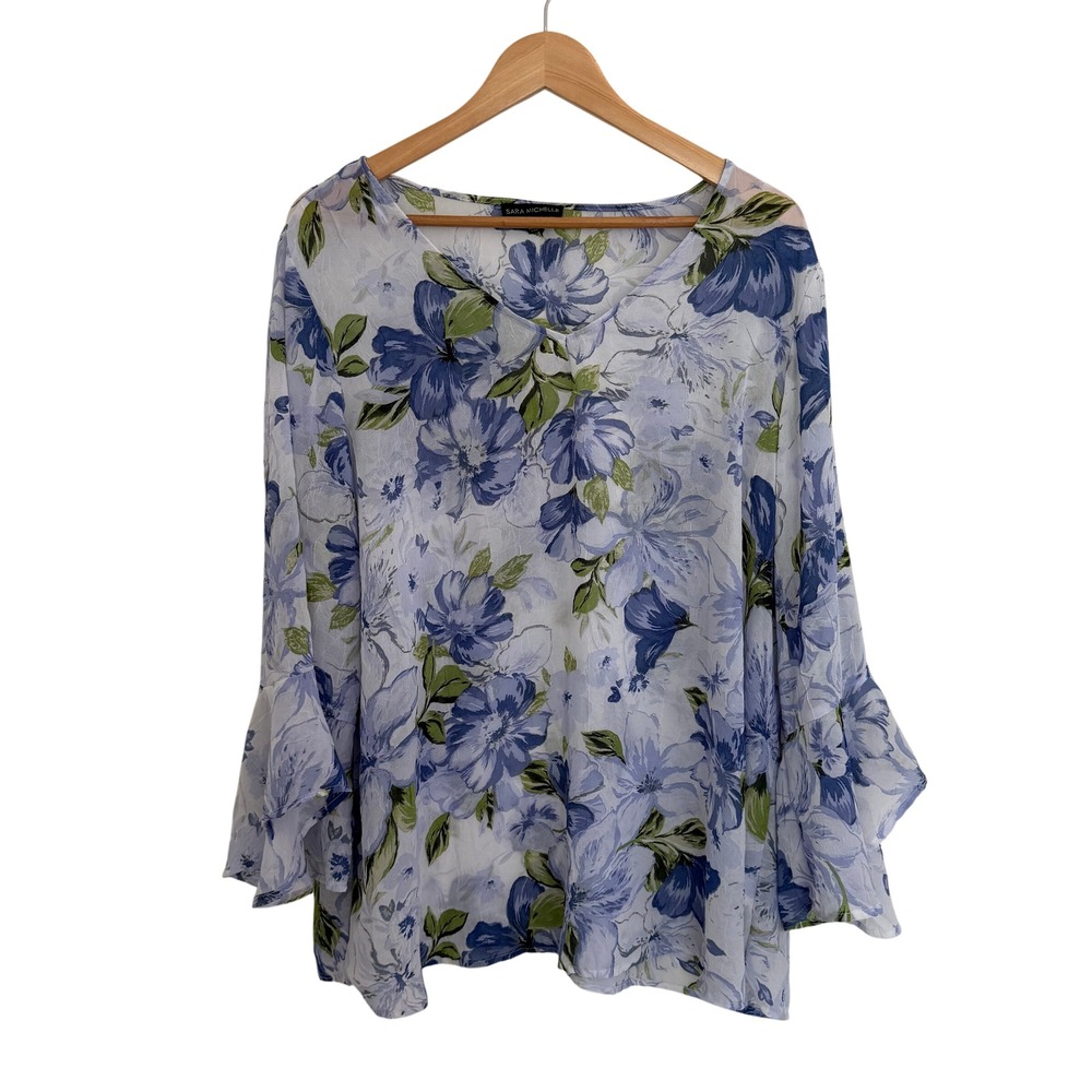 Sara Michelle Floral V-Neck Bell Sleeve Blouse Blue Green 2X Cottagecore